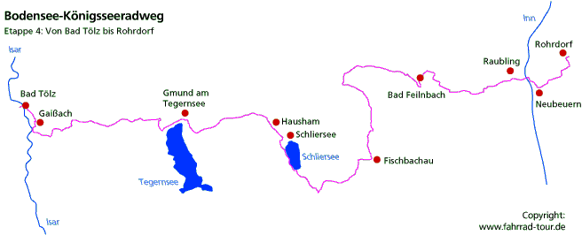 Karte Bodensee-Königssee-Radweg Etappe Füssen bis Bad Tölz