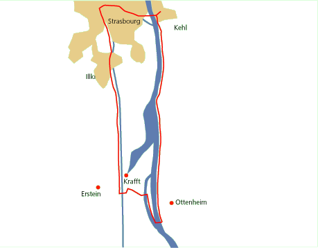 Karte Radweg Rundtour Rheinradweg: Kehl Rhinau Erstein Strasbourg