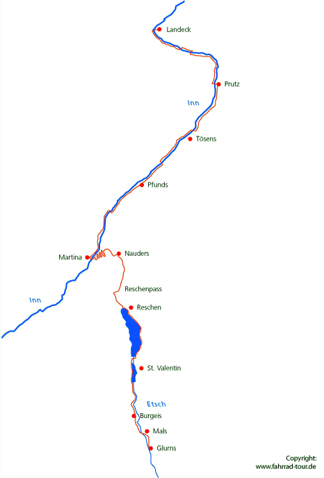 Karte Via Claudia Augusta, Etappe 3: Landeck bis Glurns