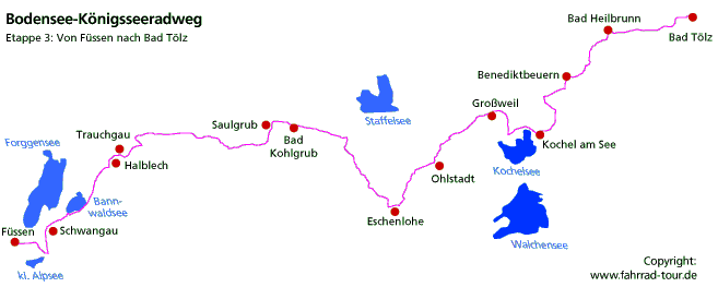 Karte Bodensee-Königssee-Radweg Etappe Füssen bis Bad Tölz