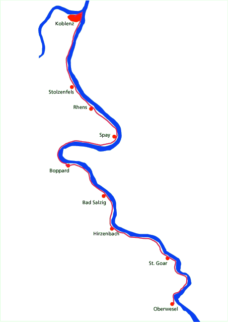Karte Rheinradweg Oberwesel - Koblenz