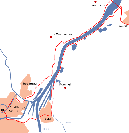 Karte Rundtour Rheinradweg:  Freistett Straßburg Kehl Gambsheim Freistett